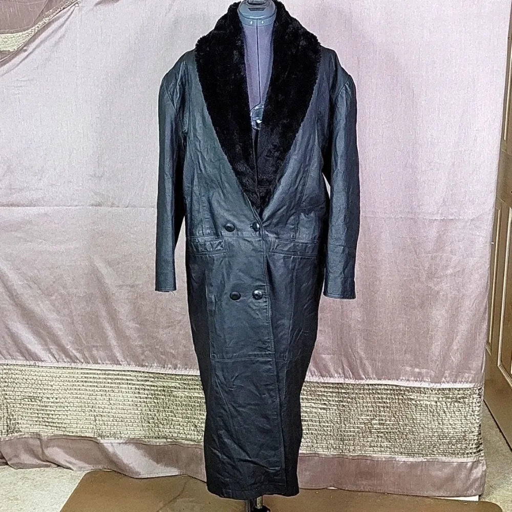 D.A.N.Y. NEW YORK Vintage Leather Faux Fur Collar Long Coat Small